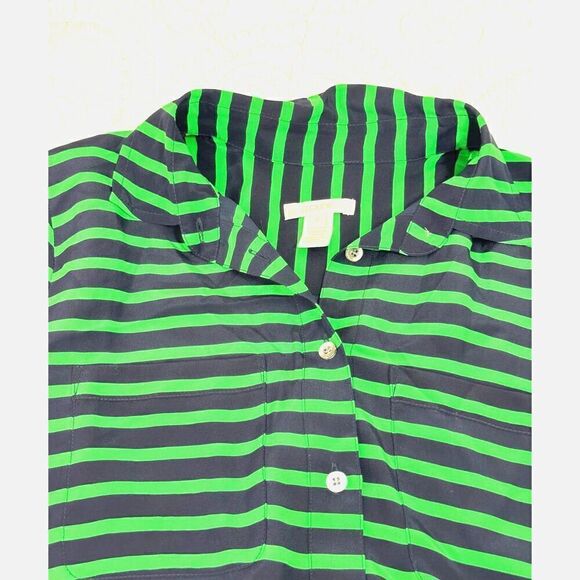 J. Crew 100% Silk Navy and Green Striped Collared Button-Up Sz 0 Excellent Cond. - Picture 4 of 7
